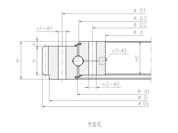 外齒式四點接觸球轉(zhuǎn)盤軸承結(jié)構(gòu)尺寸圖